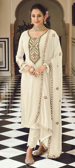 Festive, Party Wear White and Off White color Salwar Kameez in Faux Georgette fabric with Straight Embroidered, Sequence, Thread work : 1844585