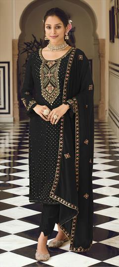 Festive, Party Wear Black and Grey color Salwar Kameez in Faux Georgette fabric with Straight Embroidered, Sequence, Thread work : 1844587