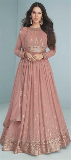 Mehendi Sangeet, Reception, Wedding Beige and Brown color Salwar Kameez in Faux Georgette fabric with Long Anarkali Embroidered, Sequence work : 1844697