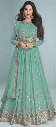 Mehendi Sangeet, Reception, Wedding Green color Salwar Kameez in Faux Georgette fabric with Long Anarkali Embroidered, Sequence work : 1844700