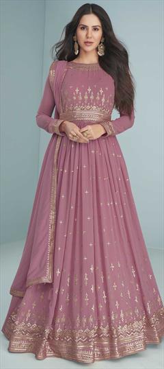 Mehendi Sangeet, Reception, Wedding Pink and Majenta color Salwar Kameez in Faux Georgette fabric with Long Anarkali Embroidered, Sequence work : 1844703