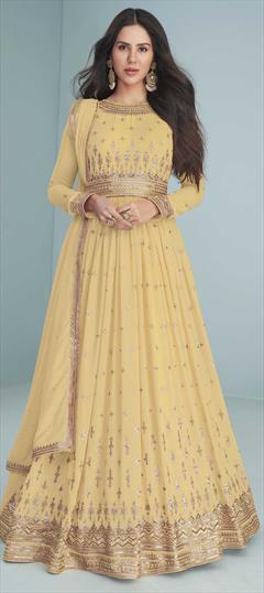 Mehendi Sangeet, Reception, Wedding Yellow color Salwar Kameez in Faux Georgette fabric with Long Anarkali Embroidered, Sequence work : 1844709