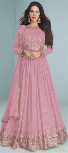 Mehendi Sangeet, Reception, Wedding Pink and Majenta color Salwar Kameez in Faux Georgette fabric with Long Anarkali Embroidered, Sequence work : 1844712