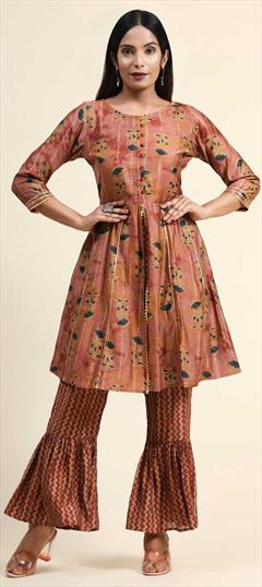 Festive Pink and Majenta color Tunic with Bottom in Viscose fabric with Sharara Foil Print work : 1844810