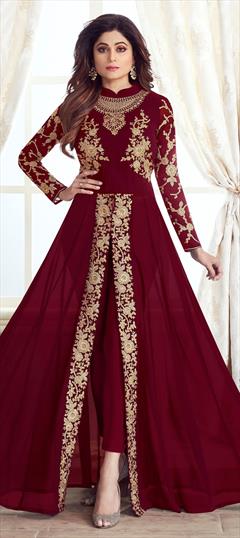 Designer, Festive, Party Wear Red and Maroon color Salwar Kameez in Georgette fabric with Slits Embroidered, Stone, Thread, Zari work : 1845025