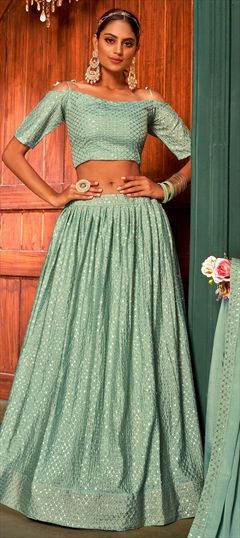 Festive, Party Wear, Reception Blue color Lehenga in Art Silk fabric with A Line Embroidered, Sequence, Thread work : 1845031