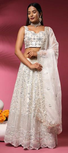 Festive, Party Wear, Reception White and Off White color Lehenga in Net fabric with A Line Embroidered, Sequence, Thread work : 1845036