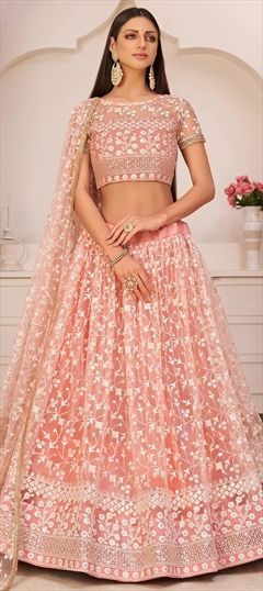 Festive, Party Wear, Reception Pink and Majenta color Lehenga in Organza Silk fabric with A Line Embroidered, Mirror, Thread work : 1845042