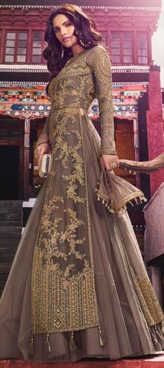 Festive, Mehendi Sangeet, Reception Beige and Brown color Long Lehenga Choli in Net fabric with Embroidered, Stone, Thread, Zari work : 1845050