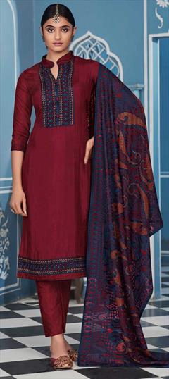 Designer, Festive, Party Wear Red and Maroon color Salwar Kameez in Silk fabric with Straight Embroidered, Stone, Thread, Zari work : 1845055