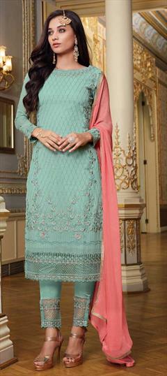 Designer, Festive, Party Wear Green color Salwar Kameez in Georgette fabric with Straight Embroidered, Stone, Thread, Zari work : 1845065