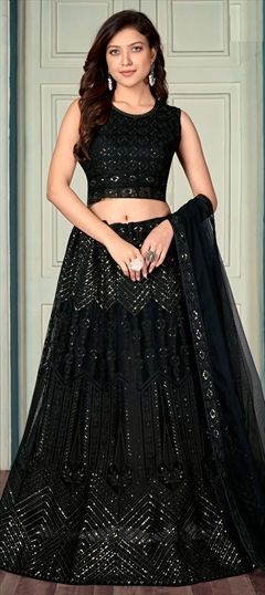 Engagement, Festive, Reception Black and Grey color Lehenga in Net fabric with A Line Embroidered, Sequence, Thread work : 1845066