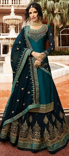 Engagement, Festive, Reception Blue color Long Lehenga Choli in Georgette fabric with Embroidered, Stone, Zari work : 1845076