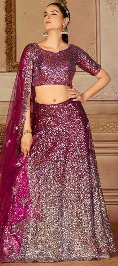 Festive, Reception, Wedding Pink and Majenta, Silver color Lehenga in Net fabric with A Line Embroidered, Sequence, Thread work : 1845082
