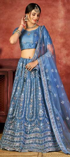 Festive, Reception, Wedding Blue color Lehenga in Net fabric with A Line Embroidered, Sequence, Thread work : 1845083