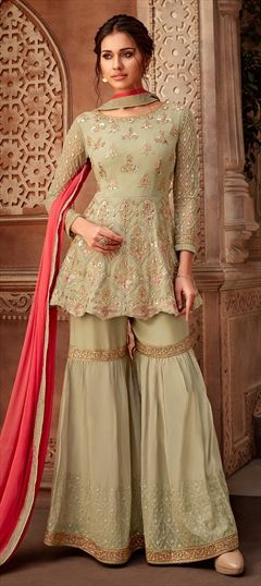 Mehendi Sangeet, Reception Green color Salwar Kameez in Georgette fabric with Sharara Embroidered work : 1845173