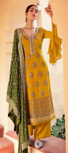 Festive, Mehendi Sangeet Yellow color Salwar Kameez in Crepe Silk fabric with Palazzo Embroidered work : 1845177