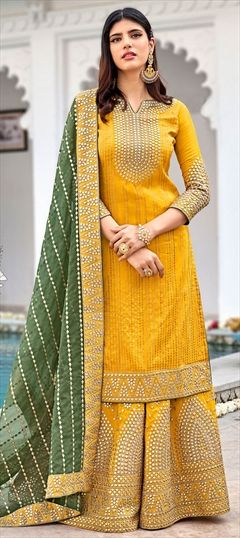 Festive, Mehendi Sangeet Yellow color Salwar Kameez in Georgette fabric with Palazzo Embroidered work : 1845181