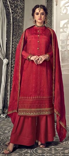Mehendi Sangeet, Reception, Wedding Red and Maroon color Salwar Kameez in Crepe Silk fabric with Palazzo Embroidered, Zari work : 1845185