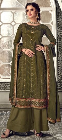 Mehendi Sangeet, Reception, Wedding Green color Salwar Kameez in Crepe Silk fabric with Palazzo Embroidered, Zari work : 1845187