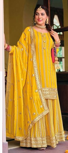 Mehendi Sangeet, Reception, Wedding Yellow color Salwar Kameez in Crepe Silk fabric with Palazzo Embroidered, Zari work : 1845191