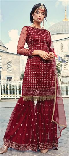 Festive, Party Wear, Reception, Wedding Red and Maroon color Salwar Kameez in Georgette fabric with Palazzo Embroidered work : 1845207