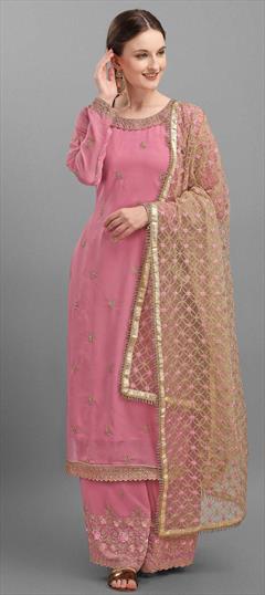 Festive, Party Wear, Reception, Wedding Pink and Majenta color Salwar Kameez in Georgette fabric with Palazzo Embroidered work : 1845208