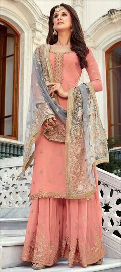 Festive, Mehendi Sangeet, Reception, Wedding Pink and Majenta color Salwar Kameez in Georgette fabric with Palazzo Embroidered work : 1845209