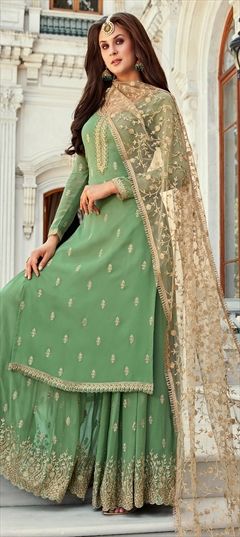Party Wear, Reception, Wedding Green color Salwar Kameez in Georgette fabric with Palazzo Embroidered work : 1845210