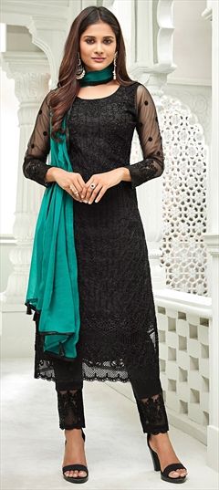 Designer, Party Wear Black and Grey color Salwar Kameez in Net fabric with Straight Embroidered work : 1845237
