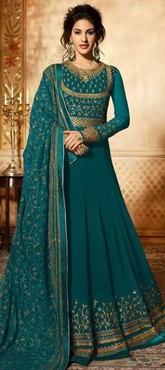 Reception, Wedding Blue color Salwar Kameez in Georgette fabric with Anarkali Embroidered, Zari work : 1845249