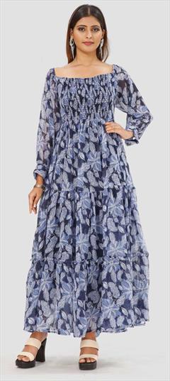 Party Wear Blue color Kurti in Chiffon fabric with A Line, Long Sleeve Printed work : 1845290