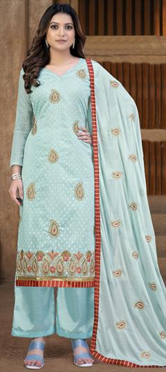 Reception, Wedding Green color Salwar Kameez in Cotton fabric with Palazzo Embroidered work : 1845315