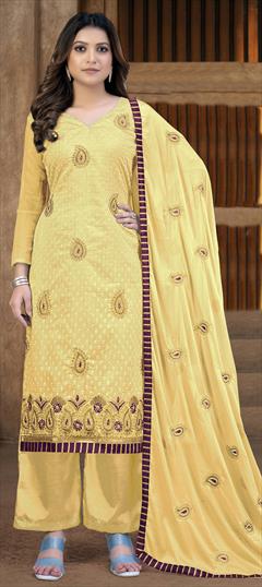 Reception, Wedding Yellow color Salwar Kameez in Cotton fabric with Palazzo Embroidered work : 1845317