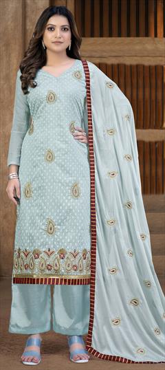 Reception, Wedding Black and Grey color Salwar Kameez in Cotton fabric with Palazzo Embroidered work : 1845320