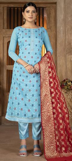 Festive, Reception, Wedding Blue color Salwar Kameez in Banarasi Silk fabric with Straight Weaving work : 1845368