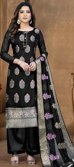 Casual Black and Grey color Salwar Kameez in Banarasi Silk fabric with Straight Weaving work : 1845465