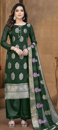 Casual Green color Salwar Kameez in Banarasi Silk fabric with Straight Weaving work : 1845468
