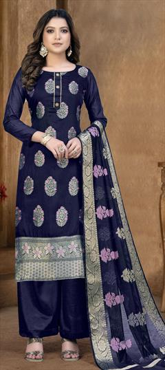 Casual Blue color Salwar Kameez in Banarasi Silk fabric with Straight Weaving work : 1845479