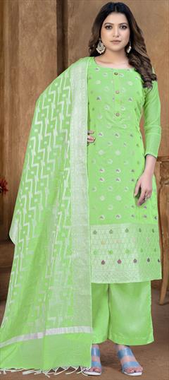 Casual Green color Salwar Kameez in Banarasi Silk fabric with Straight Weaving work : 1845486