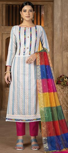 Casual White and Off White color Salwar Kameez in Cotton fabric with Straight Lace, Mirror, Thread work : 1845524