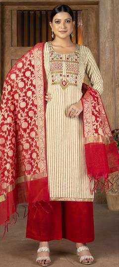 Casual Beige and Brown color Salwar Kameez in Cotton fabric with Straight Embroidered, Thread, Zari work : 1845529