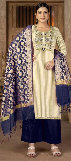 Casual Beige and Brown color Salwar Kameez in Cotton fabric with Straight Embroidered, Thread, Zari work : 1845530
