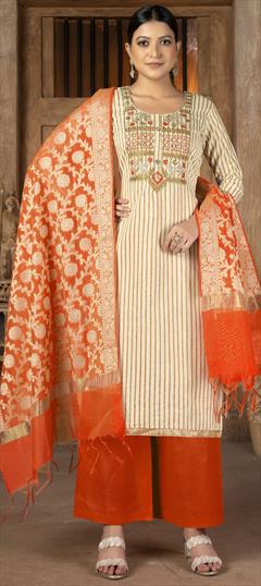Casual Beige and Brown color Salwar Kameez in Cotton fabric with Straight Embroidered, Thread, Zari work : 1845531