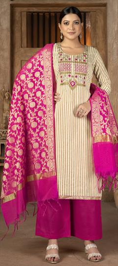 Casual Beige and Brown color Salwar Kameez in Cotton fabric with Straight Embroidered, Thread, Zari work : 1845532