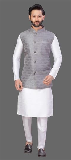 White and Off White color Kurta Pyjama with Jacket in Art Silk fabric with Thread work : 1845568