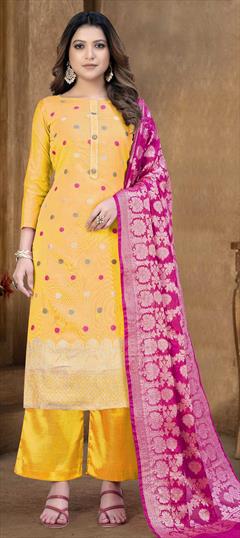 Casual, Festive Yellow color Salwar Kameez in Banarasi Silk fabric with Palazzo Weaving work : 1845570