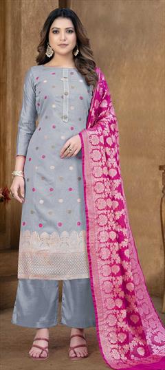 Casual, Festive Black and Grey color Salwar Kameez in Banarasi Silk fabric with Palazzo Weaving work : 1845573