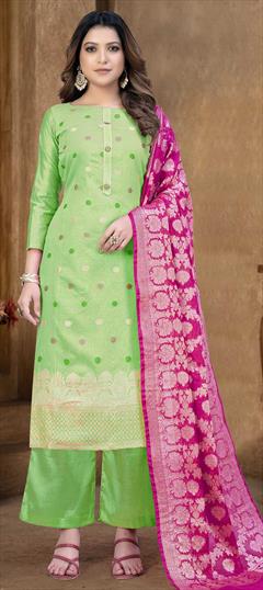 Casual, Festive Green color Salwar Kameez in Banarasi Silk fabric with Palazzo Weaving work : 1845576