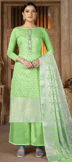 Casual, Festive Green color Salwar Kameez in Banarasi Silk fabric with Palazzo Weaving work : 1845578